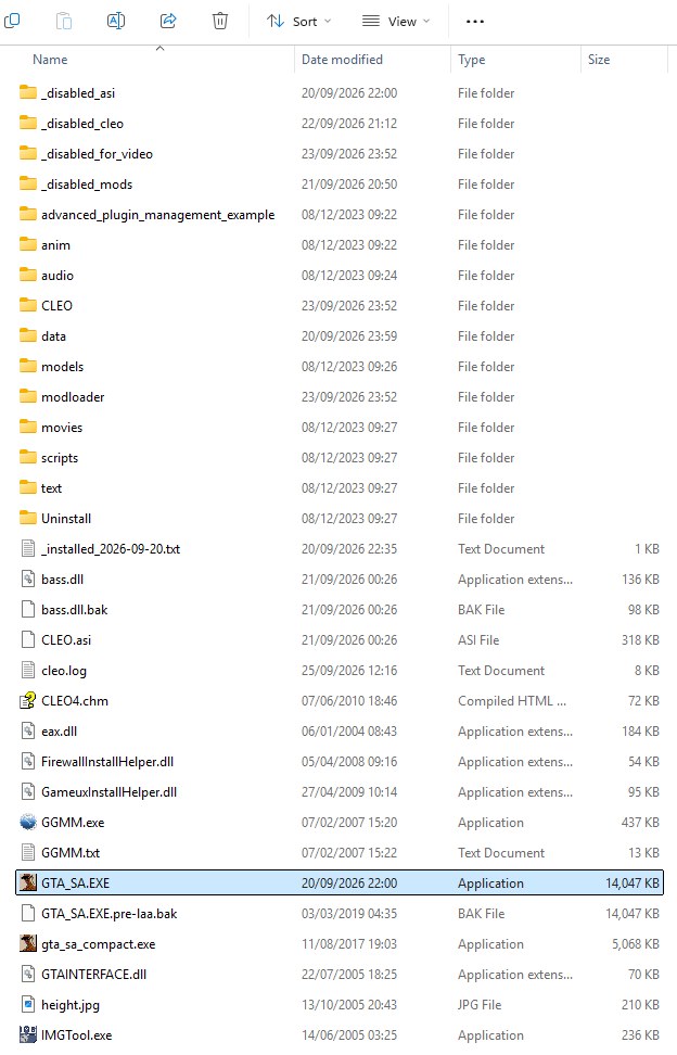 The game folder, with gta_sa.exe