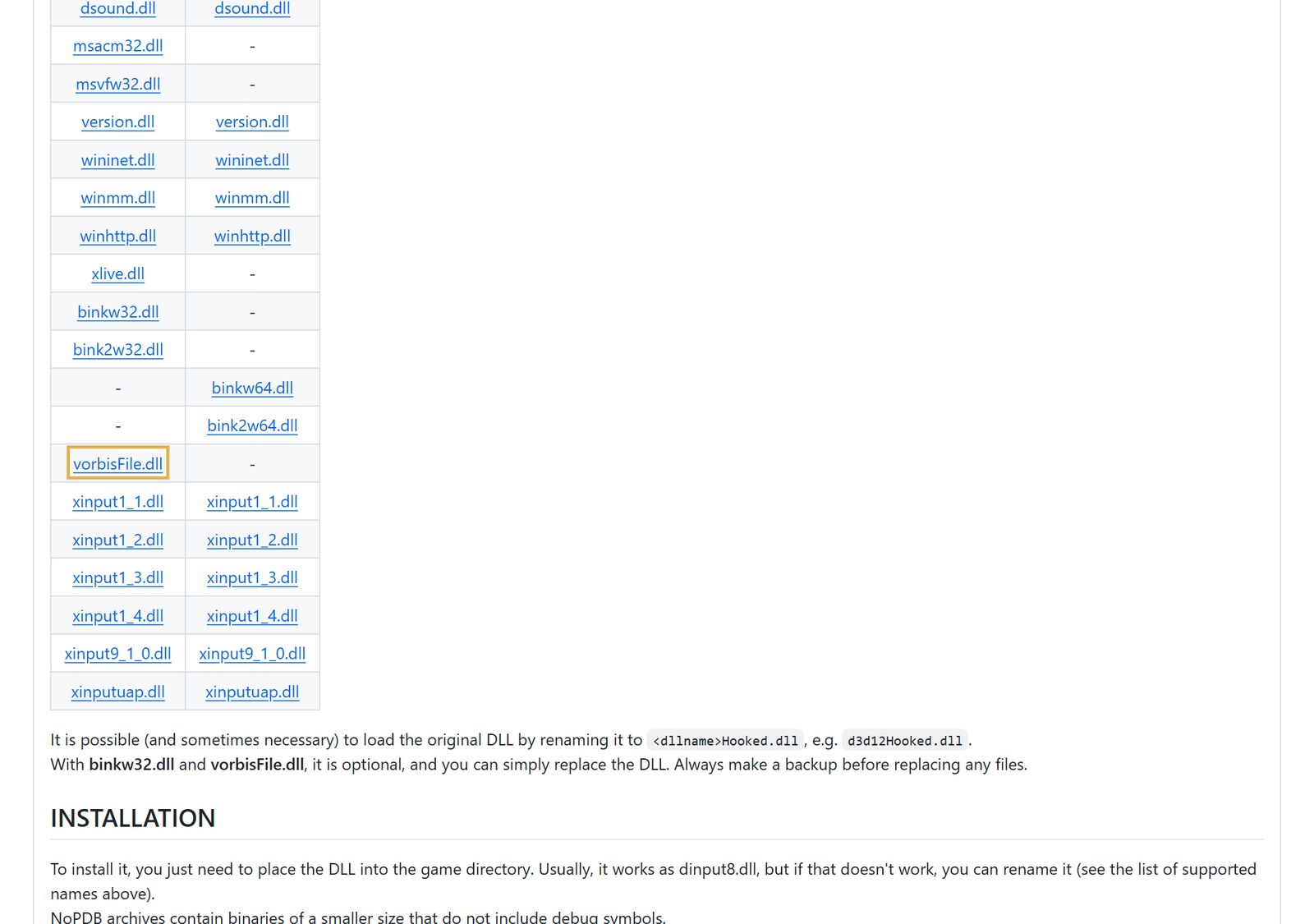 The release page: vorbisFile.dll, Win32 column