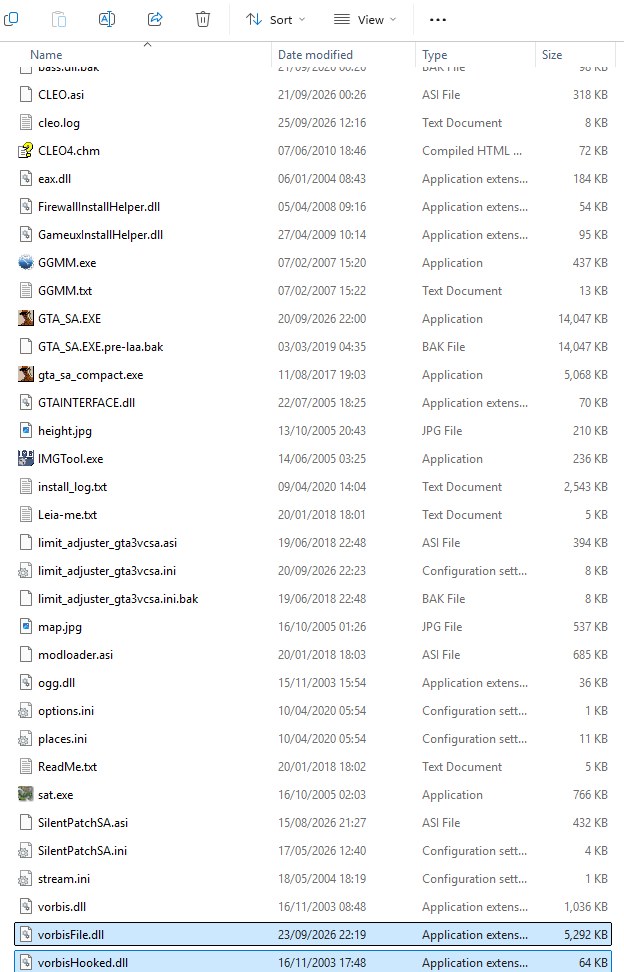 Game folder: vorbisHooked.dll (original) next to the new vorbisFile.dll