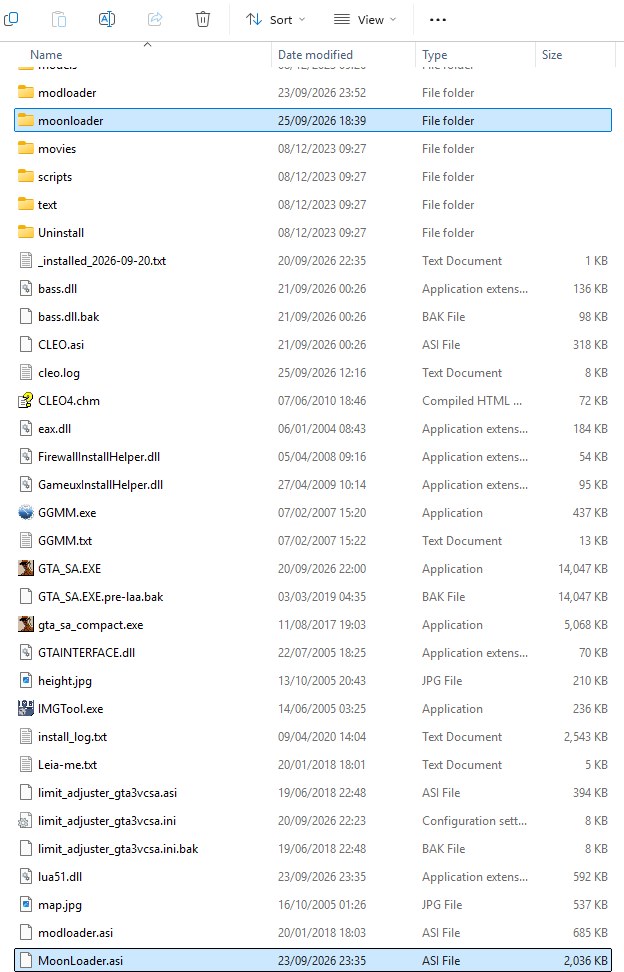 Game folder after extracting: MoonLoader.asi and the moonloader folder
